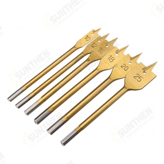 6pcs 10-25mm Flat Spade Wood Drill Hex Shank Woodworking Spade Drill Bit