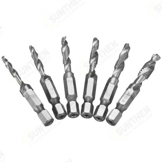 6pcs 1/4 Inch M3-M10 Composite Tap HSS Combination Drill Tap Bit Set Hex Shank Deburr Countersink Bits 6pcs 1/4 Inch M3-M10 Composite Tap HSS Combination Drill Tap Bit Set Hex Shank Deburr Countersink Bits