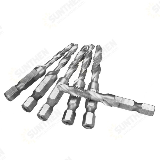 6pcs 1/4 Inch M3-M10 Composite Tap HSS Combination Drill Tap Bit Set Hex Shank Deburr Countersink Bits 6pcs 1/4 Inch M3-M10 Composite Tap HSS Combination Drill Tap Bit Set Hex Shank Deburr Countersink Bits