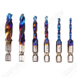 6pcs M3-M10 Combination Drill Tap Bit Hex Shank Blue Coated Deburr Countersink Bits Screw Thread Metric Tap