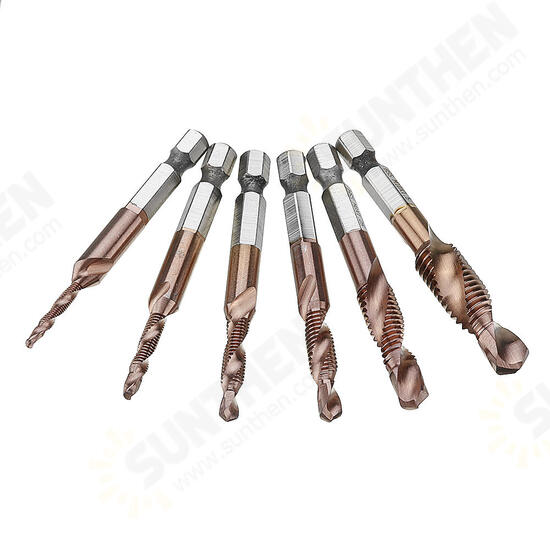 6pcs M3-M10 Combination Drill Tap Bit Set HSS 6542 AlTiN Coated Deburr Countersink Drill Bits 6pcs M3-M10 Combination Drill Tap Bit Set HSS 6542 AlTiN Coated Deburr Countersink Drill Bits