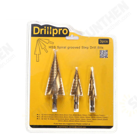 DB-S1 3Pcs 4-12/4-20/4-32 HSS Spiral Grooved Step Drill Bit