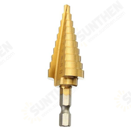 4-22mm Hex Shank Step Cone Drill Bit HSS Titanium Coated Hole Cutter 4-22mm Hex Shank Step Cone Drill Bit HSS Titanium Coated Hole Cutter