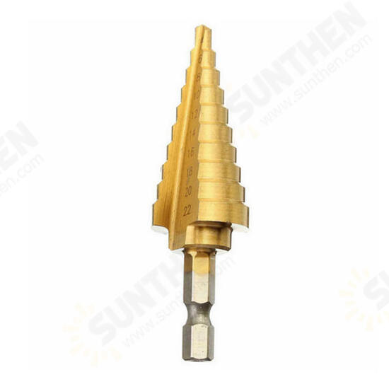 4-22mm Hex Shank Step Cone Drill Bit HSS Titanium Coated Hole Cutter 4-22mm Hex Shank Step Cone Drill Bit HSS Titanium Coated Hole Cutter