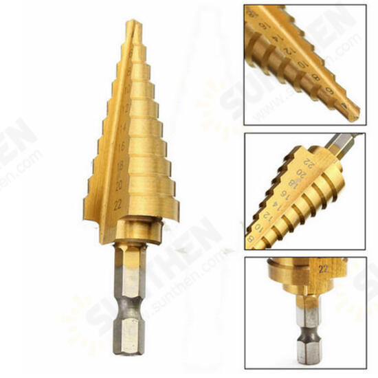 4-22mm Hex Shank Step Cone Drill Bit HSS Titanium Coated Hole Cutter 4-22mm Hex Shank Step Cone Drill Bit HSS Titanium Coated Hole Cutter