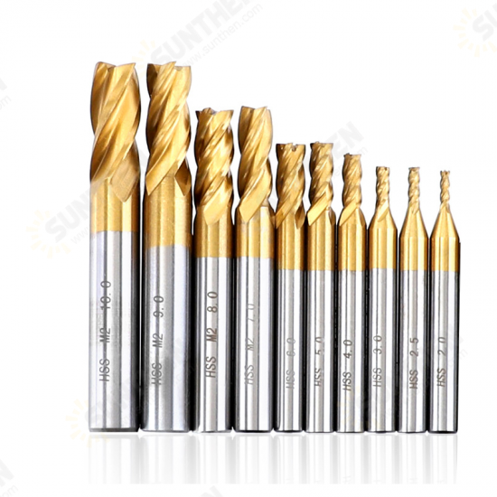 10PCS 2-10mm Titanium Coated HSS 4 Flute End Mill Cutter CNC Drill Bit Milling Cutter Set