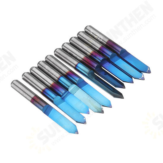 10pcs 0.1/0.2/0.3/0.4mm 60 Degree Engraving Bit Flat Bottom PCB Engraving Bit Blue NANO Coated Carbide CNC Router Tool