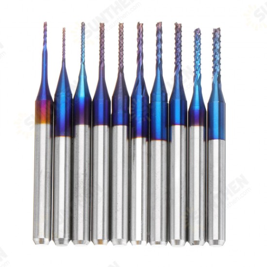 10pcs 0.6-1.5mm Blue NACO Coated PCB Bits Carbide Engraving Milling Cutter For CNC Tool Rotary Burrs