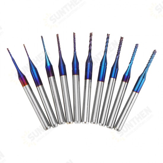 10pcs 0.6-1.5mm Blue NACO Coated PCB Bits Carbide Engraving Milling Cutter For CNC Tool Rotary Burrs