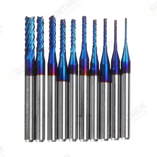 10pcs 0.8-3.175mm Blue NACO Coated PCB Bits Carbide Engraving Milling Cutter For CNC Tool Rotary Burrs