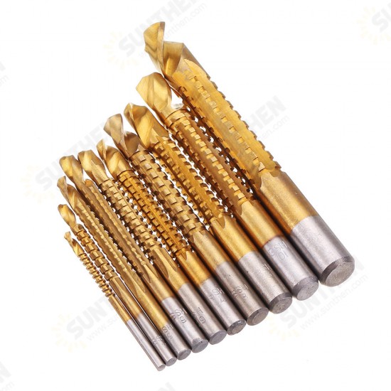 10pcs 3-13mm HSS Titanium Coated Twist Drill Bit Set Wood Metal Cutting Groove Drill Bit