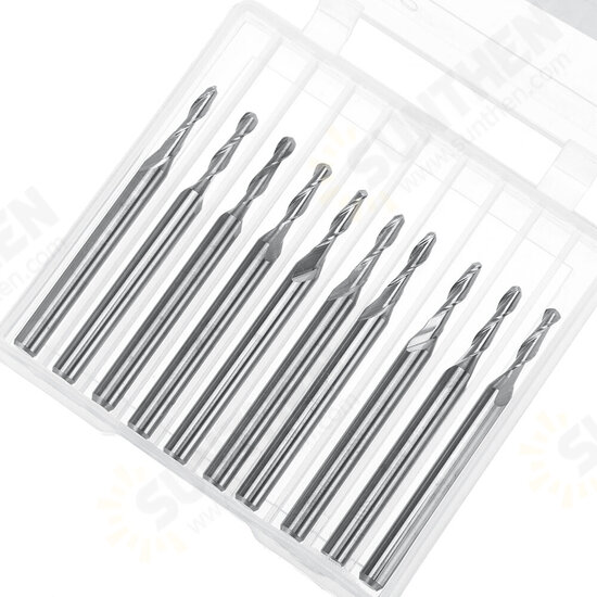 10pcs 3.175mm Shank Spiral Ball End Mill 0.8-2mm Diameter Two Flutes CNC Milling Cutter