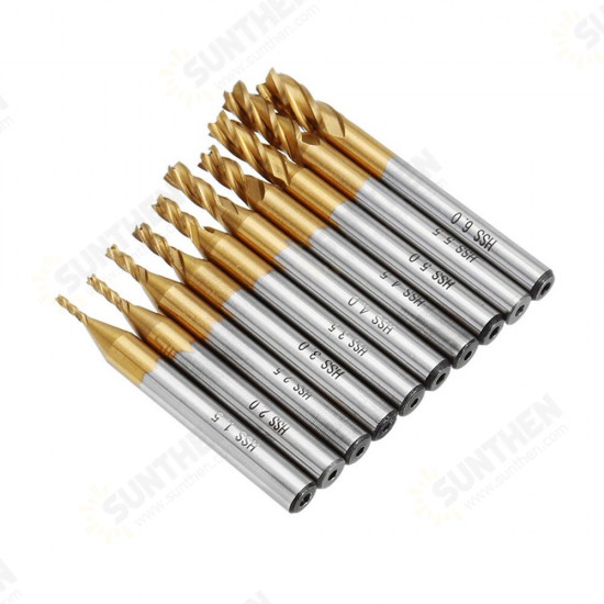 10pcs Titanium Coating 1.5-6.0mm HSS 4 Flute End Mill Cutter 6mm Shank CNC Drill Bits