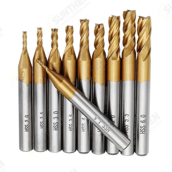 10pcs Titanium Coating 1.5-6.0mm HSS 4 Flute End Mill Cutter 6mm Shank CNC Drill Bits 10pcs Titanium Coating 1.5-6.0mm HSS 4 Flute End Mill Cutter 6mm Shank CNC Drill Bits