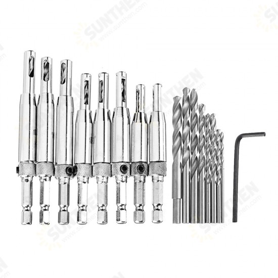 17Pcs Woodworking Hinge Drill Hexagonal Shank Self-centering Drill Bit Set For Door and Window Derailment Holes