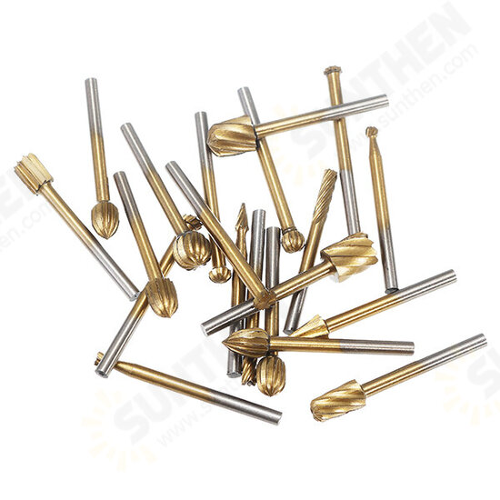 20Pcs Titanium Coated Rotary File Cutters HSS Mini Burr Wood Working Milling Carving Rasp Drill Bits