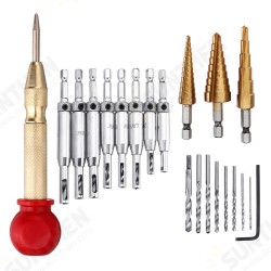 21Pcs Self-Centering Hinge Tapper Core Drill Bit Step with Automatic Center Punch for Woodworking Adjustable Door Window Spring Loaded Metal Drill Bit