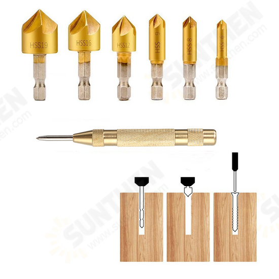 23Pcs Woodworking Chamfer Countersink Drill Bit Set 6Pcs 1/4 Inch Hexagon 5 Flute 90° Countersink Drill 7Pcs Three-Pointed Drill 8Pcs Wood Plug Cutter 23Pcs Woodworking Chamfer Countersink Drill Bit Set 6Pcs 1/4 Inch Hexagon 5 Flute 90° Countersink Drill 7Pcs Three-Pointed Drill 8Pcs Wood Plug Cutter