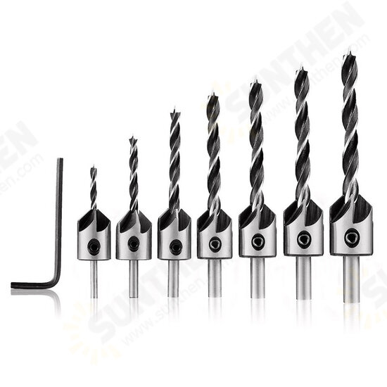 23Pcs Woodworking Chamfer Countersink Drill Bit Set 6Pcs 1/4 Inch Hexagon 5 Flute 90° Countersink Drill 7Pcs Three-Pointed Drill 8Pcs Wood Plug Cutter