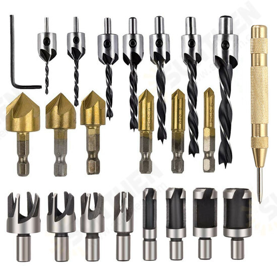 23Pcs Woodworking Chamfer Countersink Drill Bit Set 6Pcs 1/4 Inch Hexagon 5 Flute 90° Countersink Drill 7Pcs Three-Pointed Drill 8Pcs Wood Plug Cutter