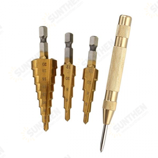 3Pcs 3-12/4-12/4-20mm HSS Titanium Coated Step Drill Bits with Automatic Center Pin Punch