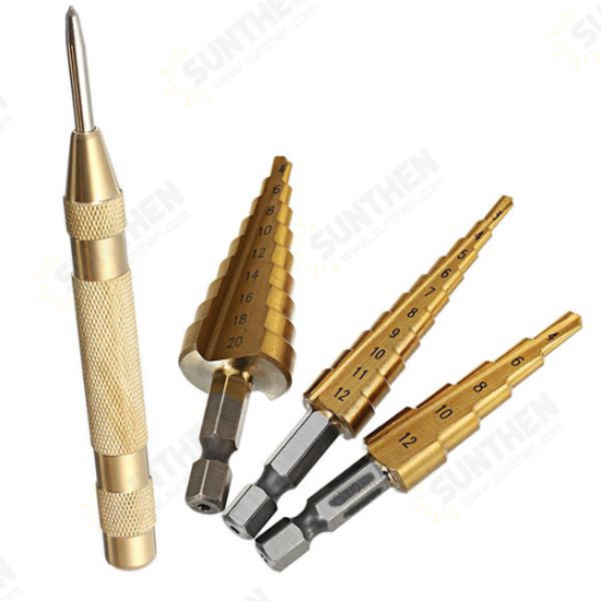 3Pcs 3-12/4-12/4-20mm HSS Titanium Coated Step Drill Bits with Automatic Center Pin Punch