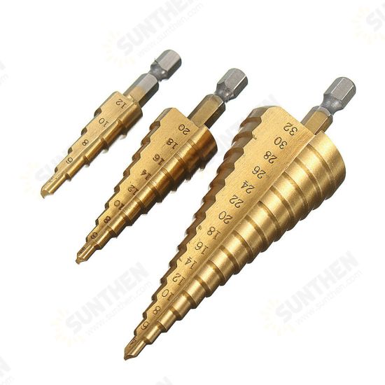 3pcs 4-12/20/32mm HSS Titanium Step Cone Drill Bit Hex Shank Hole Cutter