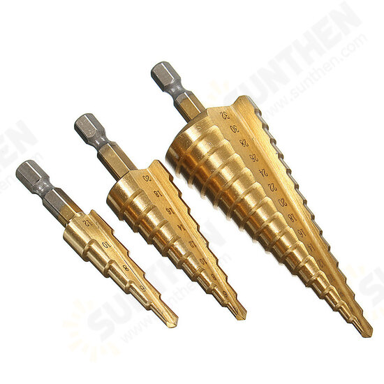 3pcs 4-12/20/32mm HSS Titanium Step Cone Drill Bit Hex Shank Hole Cutter