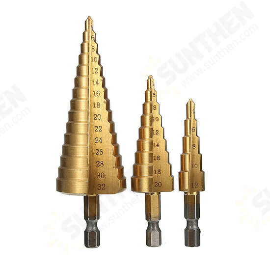 3pcs 4-12/20/32mm HSS Titanium Step Cone Drill Bit Hex Shank Hole Cutter