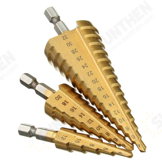 3pcs 4-12/20/32mm HSS Titanium Step Cone Drill Bit Hex Shank Hole Cutter