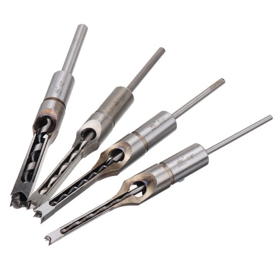 4pcs Square Hole Drill Bits Woodworking Auger Mortising Chisel Set Kit 1/4 to 1/2 Inch Tool Set