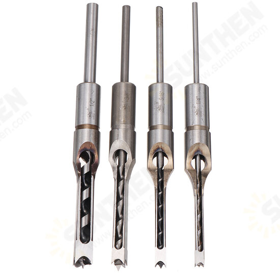 4pcs Square Hole Drill Bits Woodworking Auger Mortising Chisel Set Kit 1/4 to 1/2 Inch Tool Set