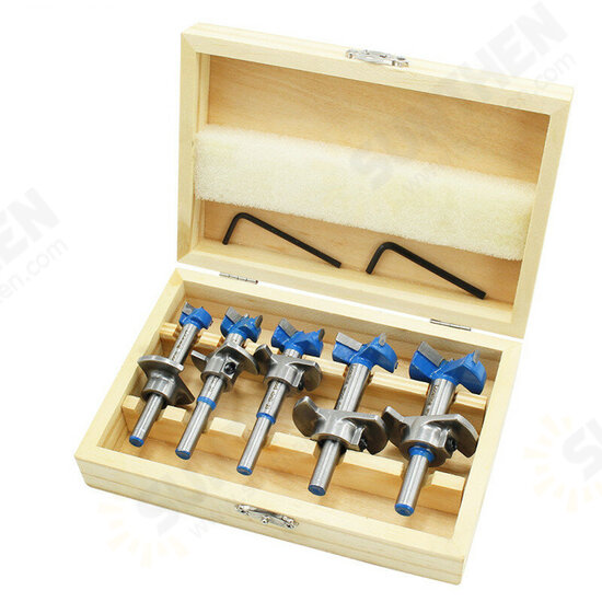 5Pcs Forstner Drill Bit Set 15 20 25 30 35mm Wood Auger Cutter Hex Wrench Woodworking Hole Saw For Power Tools Blue