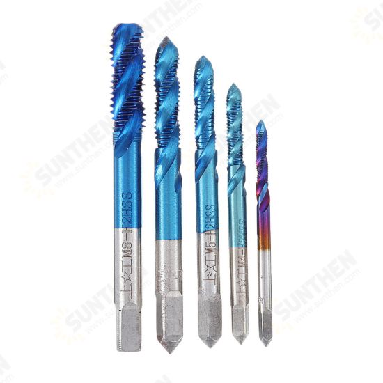 5Pcs M3-M8 Spiral Thread Screw Tap Drill Blue Nano Coated Machine Tap Metric Drill Bit Set