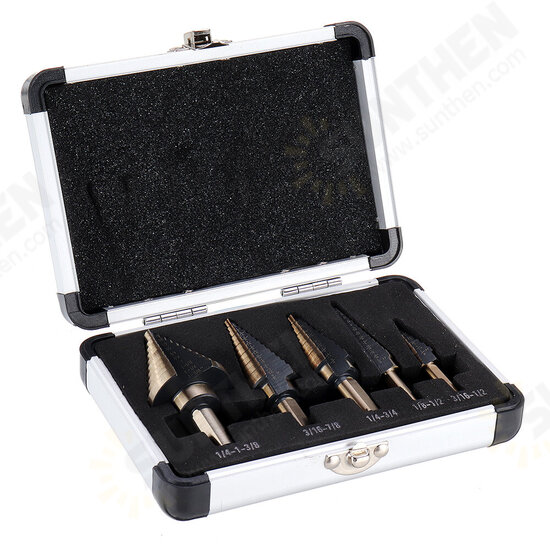 5pcs HSS Step Drill Bit Set Hole Cutter Drilling Tool Multiple Hole 50 Sizes with Aluminum Case 5pcs HSS Step Drill Bit Set Hole Cutter Drilling Tool Multiple Hole 50 Sizes with Aluminum Case