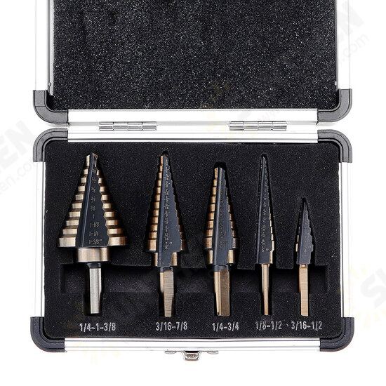 5pcs HSS Step Drill Bit Set Hole Cutter Drilling Tool Multiple Hole 50 Sizes with Aluminum Case 5pcs HSS Step Drill Bit Set Hole Cutter Drilling Tool Multiple Hole 50 Sizes with Aluminum Case
