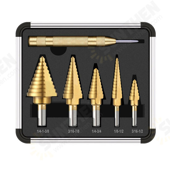 6Pcs HSS Titanium Coated Step Drill Bit With Center Punch Drill Set Hole Cutter Drilling Tool 6Pcs HSS Titanium Coated Step Drill Bit With Center Punch Drill Set Hole Cutter Drilling Tool