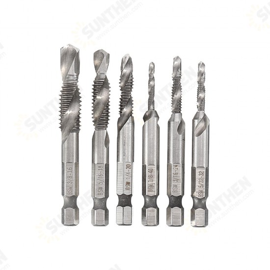 6pcs 1/8-3/8 Inch BSW Thread HSS Combination Drill Tap Bit Set Hex Shank Deburr Countersink Bits