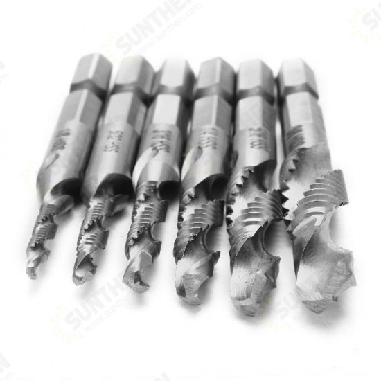 6pcs 1/8-3/8 Inch BSW Thread HSS Combination Drill Tap Bit Set Hex Shank Deburr Countersink Bits