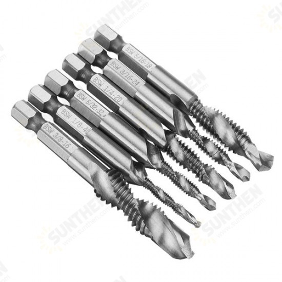 6pcs 1/8-3/8 Inch BSW Thread HSS Combination Drill Tap Bit Set Hex Shank Deburr Countersink Bits 6pcs 1/8-3/8 Inch BSW Thread HSS Combination Drill Tap Bit Set Hex Shank Deburr Countersink Bits