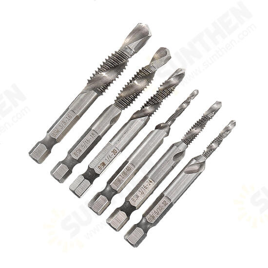 6pcs 1/8-3/8 Inch BSW Thread HSS Combination Drill Tap Bit Set Hex Shank Deburr Countersink Bits