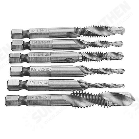 6pcs 1/8-3/8 Inch BSW Thread HSS Combination Drill Tap Bit Set Hex Shank Deburr Countersink Bits