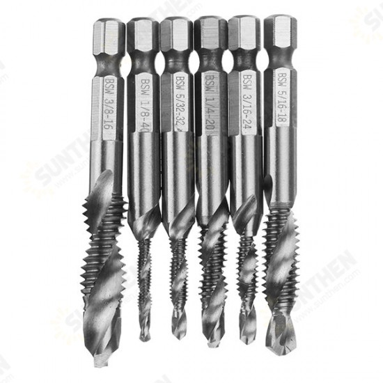 6pcs 1/8-3/8 Inch BSW Thread HSS Combination Drill Tap Bit Set Hex Shank Deburr Countersink Bits 6pcs 1/8-3/8 Inch BSW Thread HSS Combination Drill Tap Bit Set Hex Shank Deburr Countersink Bits