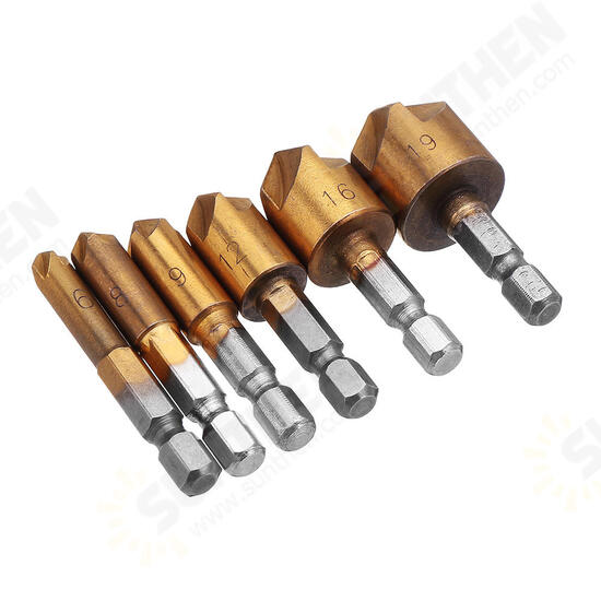 6pcs 6-19mm 82 Degree 5 Flute Titanium Chamfering Cutter Hex Shank Countersink Drill Bit 6pcs 6-19mm 82 Degree 5 Flute Titanium Chamfering Cutter Hex Shank Countersink Drill Bit