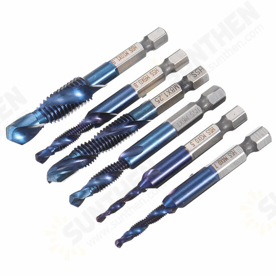 6pcs M3-M10 Combination Drill Tap Bit Set HSS 6542 Blue Nano Coated Deburr Countersink Drill Bits 6pcs M3-M10 Combination Drill Tap Bit Set HSS 6542 Blue Nano Coated Deburr Countersink Drill Bits