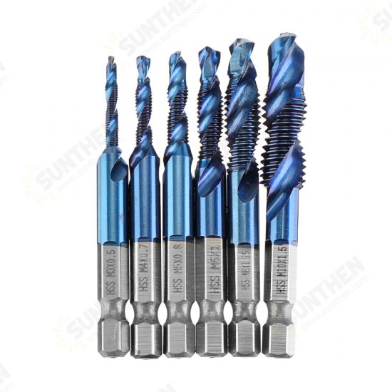 6pcs M3-M10 Combination Drill Tap Bit Set HSS Blue Nano Deburr Countersink Bits with Automatic Center Pin Punch 6pcs M3-M10 Combination Drill Tap Bit Set HSS Blue Nano Deburr Countersink Bits with Automatic Center Pin Punch
