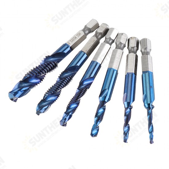 6pcs M3-M10 Combination Drill Tap Bit Set HSS Blue Nano Deburr Countersink Bits with Automatic Center Pin Punch 6pcs M3-M10 Combination Drill Tap Bit Set HSS Blue Nano Deburr Countersink Bits with Automatic Center Pin Punch