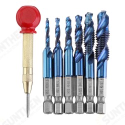 6pcs M3-M10 Combination Drill Tap Bit Set HSS Blue Nano Deburr Countersink Bits with Automatic Center Pin Punch 6pcs M3-M10 Combination Drill Tap Bit Set HSS Blue Nano Deburr Countersink Bits with Automatic Center Pin Punch