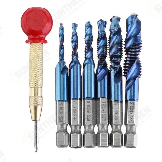 6pcs M3-M10 Combination Drill Tap Bit Set HSS Blue Nano Deburr Countersink Bits with Automatic Center Pin Punch 6pcs M3-M10 Combination Drill Tap Bit Set HSS Blue Nano Deburr Countersink Bits with Automatic Center Pin Punch