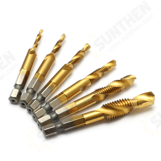 6pcs M3-M10 Hexagon Shank Drill Tap Bit Titanium Plated HSS 6542 Deburr Countersink Bits Screw Thread Metric Tap 6pcs M3-M10 Hexagon Shank Drill Tap Bit Titanium Plated HSS 6542 Deburr Countersink Bits Screw Thread Metric Tap